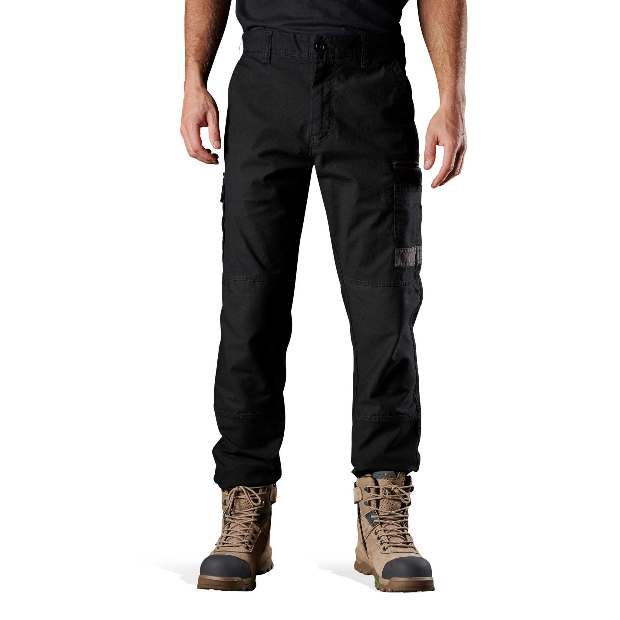 full length work pants black with pockets for tools and thick waist band stiched